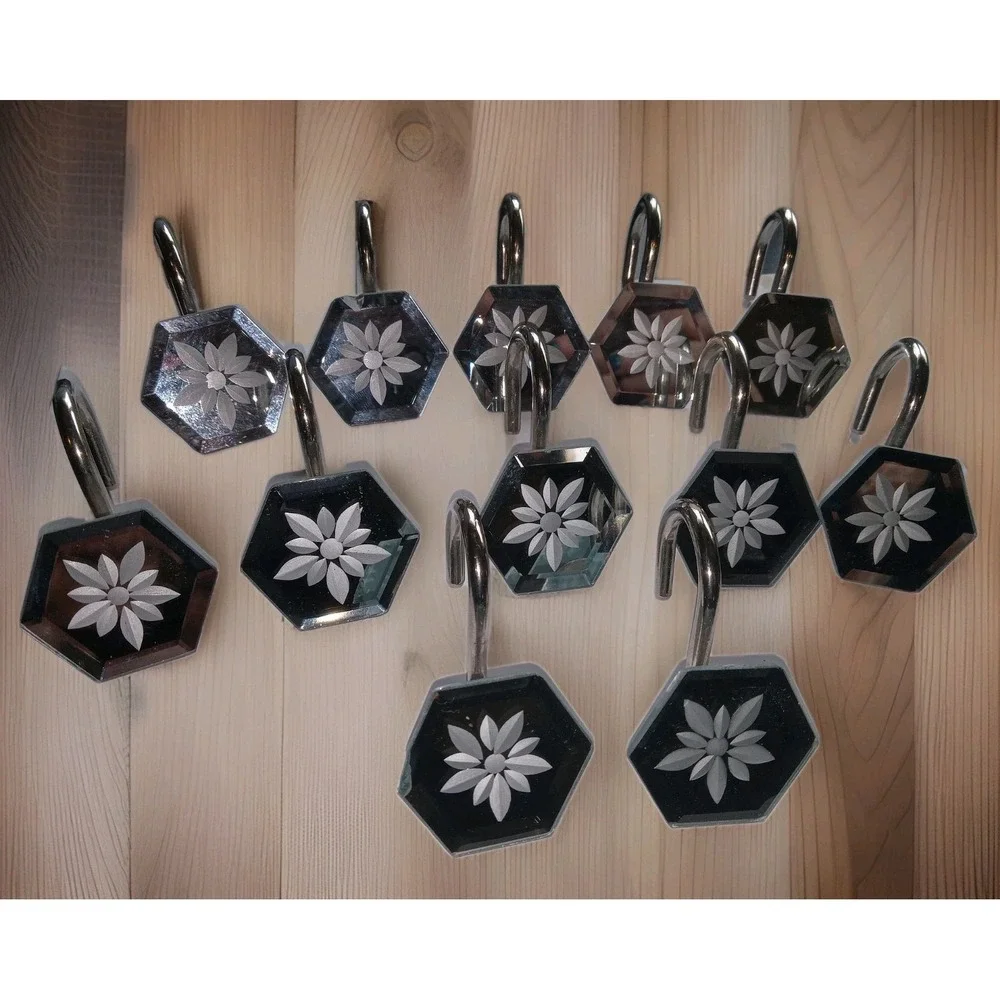 Lot of 12 Hexagon Metal Mirrored Glass White Flower Shower Curtain Hooks Rings